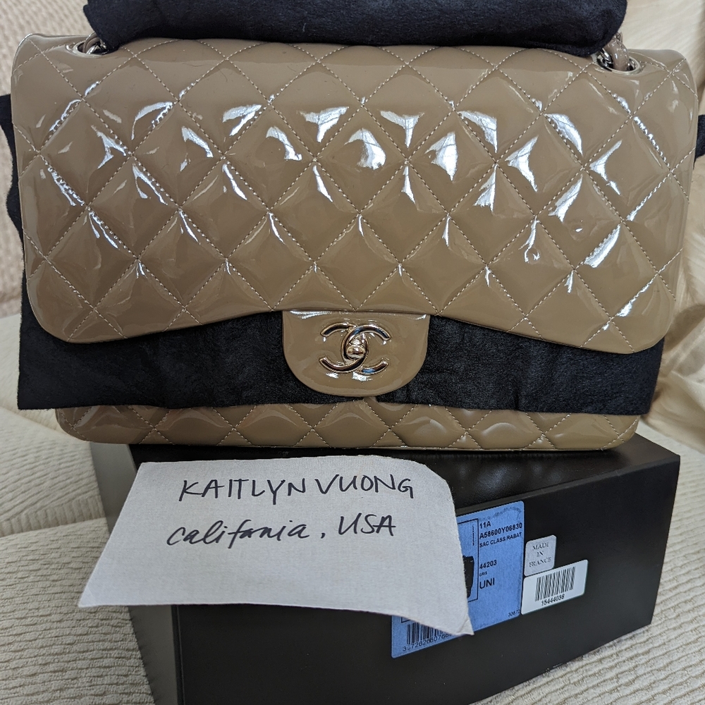 CLASSIC FLAP JUMBO TAUPE GREY PATENT LEATHER 2011A CHANEL
